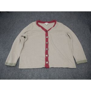 CJ Banks Cardigan Sweater Size 1X Beige Knit with Red Trim Button Elbow Patches‎